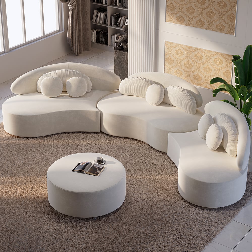 Casual 4-Piece Curved Velvet Sectional Sofa with Ottoman & Pillows