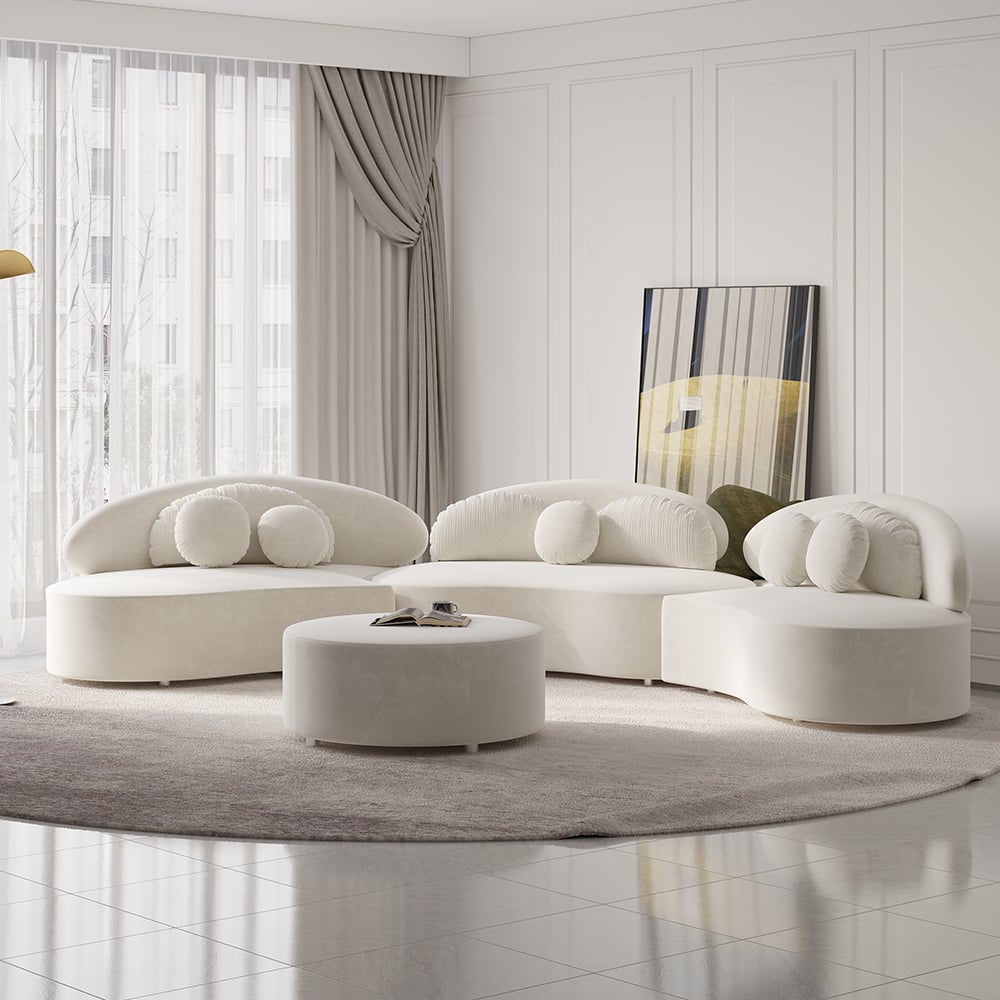 Casual 4-Piece Curved Velvet Sectional Sofa with Ottoman & Pillows