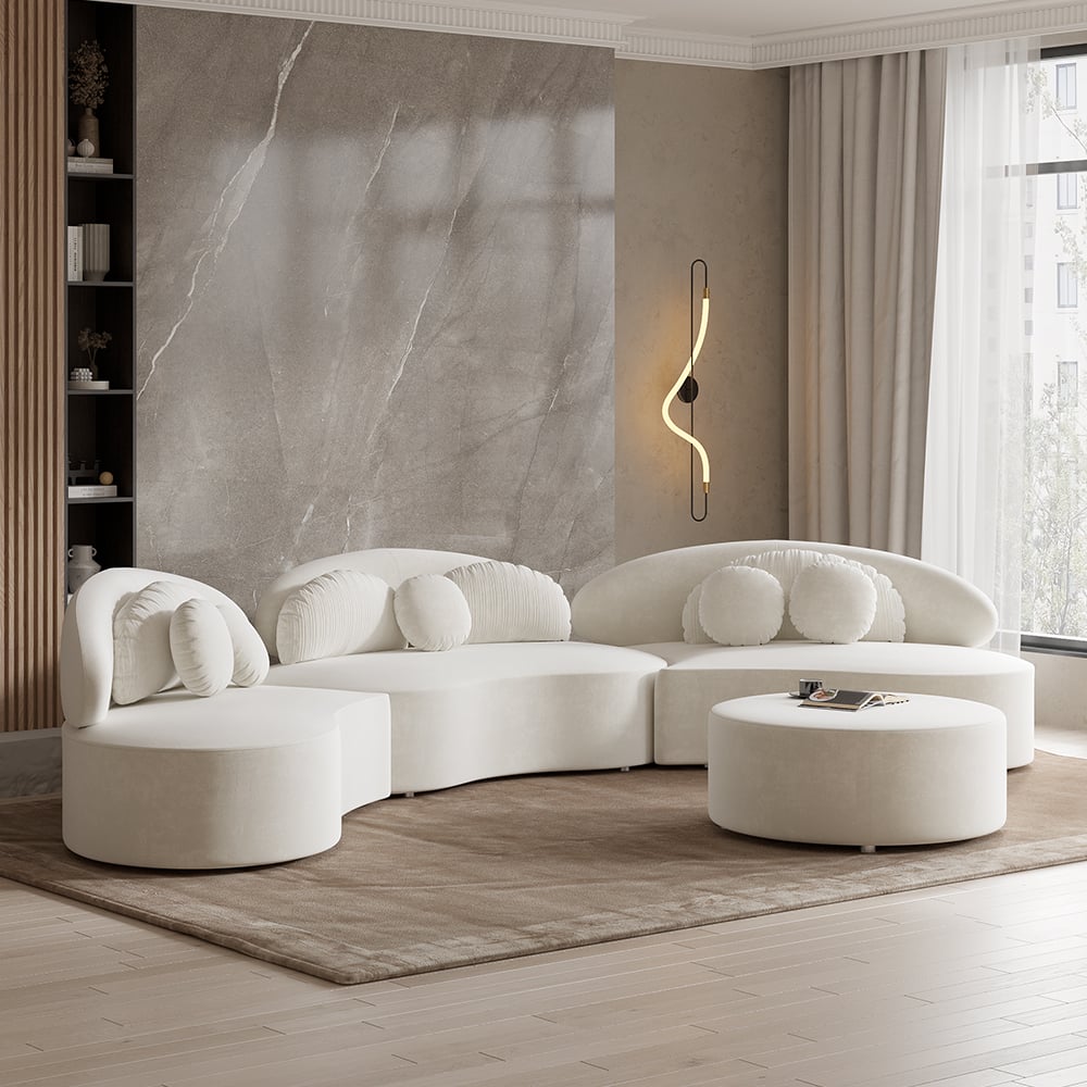 Casual 4-Piece Curved Velvet Sectional Sofa with Ottoman & Pillows